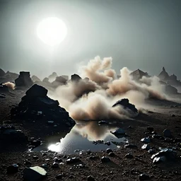 A striking quality Kodak photograph captures a wasteland with liquid and stars, Amano, Audubon, creepy, details of the dust abd liquids very accentuated, glossy organic mass, adorned with minerals and rocks. Bathed in intense light, eerie, Max Ernst style, white sun, fog