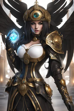 Fullbody of Steampunk armor, burka,beautiful angel wings, angry,malicious, goddess, warrior girl, crystal, broken glass, jewelry, ornements, half opened mouth, starcraft, magical orbe, cat eyes,white face,scifi, technology, photography