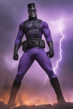 Kent Walker aka THE PHANTOM, Strong, athletic physique, Flexing poses, skin-tight, formfitting purple nylon and leather bodysuit, skin-tight, formfitting purple cowl, black utility belt, double holstered pistol belt, black knee-high boots, glowing white eyes, battle scars, blood, ((foggy, cloudy background, multicolored lightning, flowing lava, Full Eclipse, aliens, explosions, bright, vibrant, extremely colorful, detailed, blood red skies))