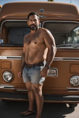 half figure photography of a 44 year old stocky burly latino , shirtless, bulging shorts, leaning with his back to his van, hands on the fap, big shoulders, hairy chest, tattoo, very virile, short beard, short hair, side light, in a sunny street, photorealistic