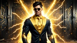 Hyper Realistic handsome muscular Electric-Superhero with short-black-hair wearing long-fancy-yellow-tuxedo-with-golden-circuit-patterns, Black-shirt & Golden-electric-tie & fancy-golden-sunglasses unleashing-thunderbolt in a dark-rustic-circuit-room with electric-sparks-&-rays & a massive circuit-board-wall with-glowing-embers showing dramatic & cinematic ambiance.