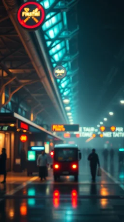 Si-Fi, an airport under atmospheric lighting effects, intricate historical moody atmosphere, eerie grimdark ambiance, speculative fiction art. Bokeh