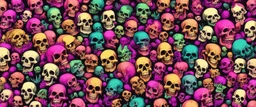 a field of 1000s of cartoonish, anatomically correct, skulls, vivid RANDOM BRIGHT neon colors, dark comedy, well lit, high detail, photorealistic, horrorcore, fun, scary, dead