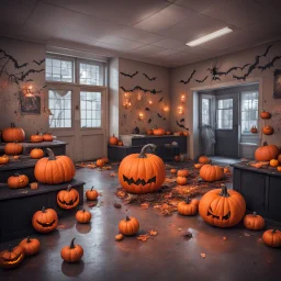 A scary Halloween room at school with nasty pumpkins and everything that belongs to Halloween