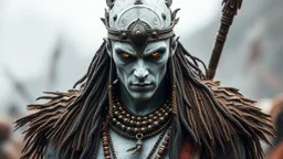 Tribal warrior; White skinned; metal orbs for eyes.