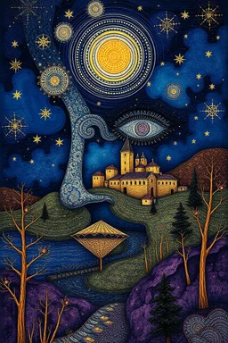 Surrealism and dadaism of a surreal face,montage,village,absurd lace, stars, trees,fauvism mondrial by Ross Draws,Andy Kehoe, Hokusai, deep blue, deep purple, gold foil, copper foil Zentangle, math art, dot art, circle art, spiral art, concrete art, by Norman Rockwell, by ivv, Anton Fadeev, Krenz Cushart, geometrical pattern and bitmap
