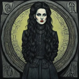 create a 3/4 profile full body oil pastel of a dark haired, , raggedly dressed, savage gothpunk vampire girl with highly detailed , sharply defined hair and facial features , in a dark circle of rune inscribed standing stones , in the style of JEAN-FRANCOIS MILLET and MARY CASSATT