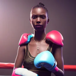 Cyberpunk black girl, boxing in the ring, unreal engine 5, octane render,cinema4d, dynamic lighting, 8k, redshift render, highly, hyperrealism ultra detailed, hyper realistic.