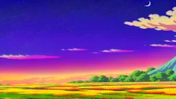 asian village with purple sky full of stars, sunflower field, anime, high res, makoto shinkai