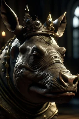 a rhino's head and crown. dramatic lighting, matte painting, highly detailed, cgsociety, hyperrealistic, --no dof, --ar 2:1