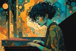 create an abstract expressionist, highly ethereal, darkly magical illustration of a deeply sorrowful, woman with short cropped hair, at her piano in a smokey nightclub, with highly detailed and deeply cut facial features, in the style of GUSTAV KLIMT, PABLO PICASSO, combined with the comic art style of BILL SIENKIEWICZ and JEAN GIRAUD MOEBIUS, searing lines and forceful strokes, precisely drawn, boldly inked, and darkly colored