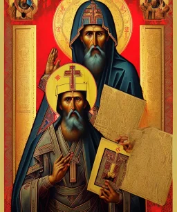 orthodox old icon with saint, patron of photographers. he is holding a camera in one hand and 35mm film in the other. Cyrillic inscriptions are the names of photographic brands. hyperdetailed, Alphonse Mucha, Zdzisław Beksiński, poster, illustration, ink, oil on canvas, 18th century atlas