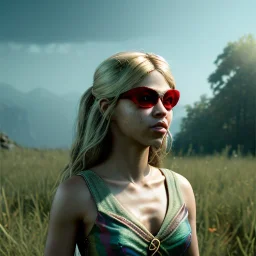 Shakira, artist, 30 years old, Realistic image, waist up portrait, etro style dress. Gucci sunglasses. loose long hair, eyes make up, perfect, glow, circle iris. concept art, smooth, unreal engine 5, god lights, ray tracing, RTX, lumen lighting, ultra detail, volumetric lighting, 3d, finely drawn, high definition, 4k.