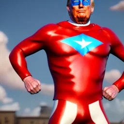 Realistic image of Donald trump super hero, retro style, watchmen style, red white blue colors, white stars, suspenders, latex material, 80s, vibrant color, highly detailed, sky background, concept art, unreal engine 5, god rays, ray tracing, RTX, lumen lighting, ultra detail, volumetric lighting, 3d, finely drawn, high definition, high resolution.