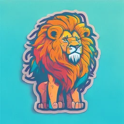 A sticker design in a minimalistic style featuring a caricature lion in vivid colors. The subject is presented alone on a neutral background.