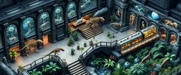 bitmap isometric big map of space ship invasion museum and dinosaur skeletons with different rooms and jungle train with plants and animals with transparent refractive glass monsters from d and d, 2 levels with stairs and pillars, realistic 3d, in style of escher and giger