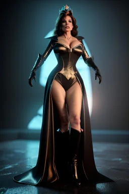 Raquel Welch as evil queen in black leather gown, angry, busty, curvey, cleavage, unreal 5, octane render, cinema4d, dynamic lighting, dramatic lighting, 4k, redshift render, highly detailed, hyper realistic