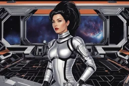 Photo of a Sci-fi woman, with black hair, wearing a silver and black spacesuit looking like an android, on an alien planet