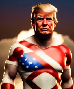 Realistic image of Donald trump wrestler, Mexican wrestling style, liner eye glow makeup face, red and blue breeches, us flag dress, suspenders, retro style, 80s, red, gold, vibrant color, highly detailed, clean background, concept art, unreal engine 5, god rays, ray tracing, RTX, lumen lighting, ultra detail, volumetric lighting, 3d, finely drawn, high definition, high resolution.