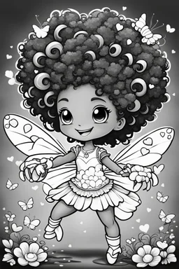 create a coloring page of a chibi crab with a curly afro ponytails dancing around hearts and butterflies. she smiles while shes playing , black and white
