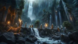 undead skeletons falling from the top of a 3.000 feet high waterfall. fantasy setting, horror. exquisite realism, a masterpiece, fantasy concept art, dynamic lighting, hyperdetailed, intricately detailed, deep color, Unreal Engine, volumetric lighting, Epic cinematic brilliant stunning intricate meticulously detailed dramatic atmospheric maximalist digital matte painting