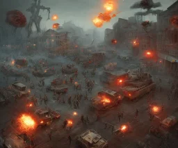 Zombie horde, explosions, earthquake, brown, red, guns, bullets, mutants