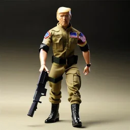 G.i. Joe toy camouflage khaki doll angry Donald Trump face with boots full body in package high resolution 2019, in a box with gun