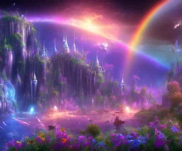 cielo cosmico insieme al mondo fantasy, astronavi tra le stelle prati pieni di fiori colorati,(arcobaleno) con un castello con piscine e cascate