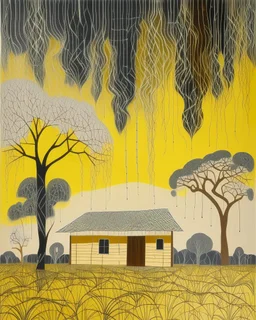 A pale ivory yellow district with a voodoo house in a thunderstorm designed in Australian aboriginal art painted by Hashimoto Gaho