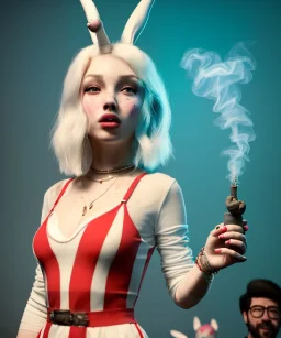 Ultra realistic photographic party portrait, sound club, wide-angle lens, couple, cinematic, happy blonde woman smoking a shisha pipe, accompanied by big white rabbit friend, hot, circus dress style, marihuana plants, color smoke, soft color, highly detailed, unreal engine 5, ray tracing, RTX, lumen lighting, ultra detail, volumetric lighting, high definition.