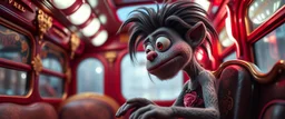 fascist dynasty soap opera, close up portrait of hairy fluffy polymer clay cute female happy worried monster with realistic human colored and textured skin, and long sleek limbs and with studio lights, on a luxury ornate neon buss, talking to his aunt