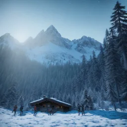 Five people hunting in snowy forest, sense of fear, mountain hut in the background, Alps, night sky, 8k, HD, cinematography, photorealistic, Cinematic, Color Grading, Ultra-Wide Angle, Depth of Field, hyper-detailed, beautifully color-coded, insane details, intricate details, beautifully color graded, Cinematic, Color Grading, Editorial Photography, Depth of Field, DOF, Tilt Blur, White Balance, 32k, Super-Resolution, Megapixel, ProPhoto RGB, VR, Halfrear Lighting, Backlight, Natural Lighting