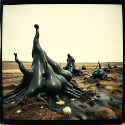 Photography polaroid close-up of a landscape with massive odd Yves Tanguy incomprehensible style objects, surrealism, glossy, organic, creepy mass growing, strong texture, fiotti di liquido nero, horror, panic, obsessive, hypnotic, Max Ernst rotten figures