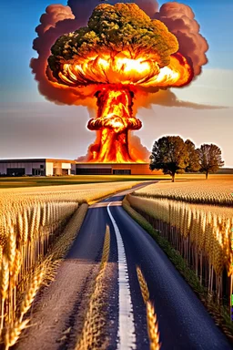 top right corner is a nuclear explosion cloud, top of explosion looks like a autumn tree full of leaves, add leaves falling everywhere in foreground, bottom 2/3 is a road through a wheat field, a wind is blowing away from the tree. a commercial building is on the middle left