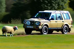 lots of sheep jumping on each other with mechanic, portrait of a broken mechanic, mixed body hybrid part big (sheep), fixing (far away old land rover 4x4 discovery 2) in the countryside