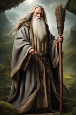 Elderly druid king with a grey beard dressed in long flowing robes carrying a long wooden staff Photo realistic