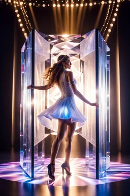 stage inside of a 3d crystal cube lovely light reflections ,full body shot of very beautiful lady skirt and bluse , Braided hair ,dancing in stage in the crystal cube pretty makeup,full cube shot