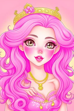 A very beautiful princess with an attractive face, she puts on a nice blush, with light pink wavy hair, and she puts a cute hair tie and puts on beautiful accessories