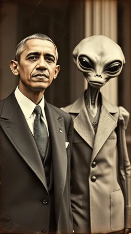 An old picture style of white and brown and very bad quality old camera with cracks of Obama standing with an Alien who is wearing a suit, the year 1900