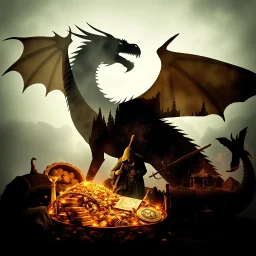 Double exposure photographic image of a silhouette of a Dragon overlayed with a dramatic fantastical sword and sorcery dragon's hoard with a Hobbit thief greedily eyeing the gold and jewels. The image fuses two scenes together, giving it a surreal, profound, and dark fantasy aesthetic. The movie poster quality art is highly detailed and drawn in a style reminiscent of modern dark fantasy compositions