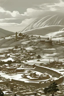 The circular walled town itself was placed upon a hill, with snowy plains stretching in all directions. There were three gates: north, south, and east. City Hill sat just outside the wall to the northeast of the city.