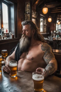 full body shot photography of a burly tired muscular beefy stocky viking tattoed 48 years old lying down relaxing on a table full of glasses of beer in irish pub, manly chest, shirtless, hairy torso, dressed wth traditional dress,, long hair, long beard, emotive eyes, big shoulders, ambient occlusions, photorealistic , aerial view