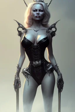 Pamela Anderson as evil queen in black leather, leather, busty, cleavage, angry, stern look. character design by cory loftis, fenghua zhong, ryohei hase, ismail inceoglu and ruan jia. unreal engine 5, artistic lighting, highly detailed, photorealistic, fantasy