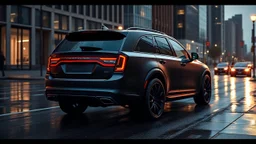 "Design a 2024 Chrysler 300C SUV concept, blending the elegance of the sedan with a rugged SUV form. Feature a bold front grille, aggressive headlights, and muscular body lines. The SUV should have a slightly lowered stance, blacked-out wheels, and a matte black finish with chrome accents. Set it in a dusk cityscape with wet streets reflecting the lights, highlighting its powerful and luxurious presence, rear view