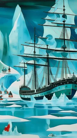 A cyan glacier with pirate ships designed in German folk art painted by Wassily Kandinsky