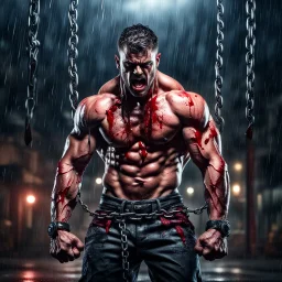 Hyper realistic angry furious muscular man carrying a fancy knife with blood on it standing on a metal surface with hanging metal chains at rainy night