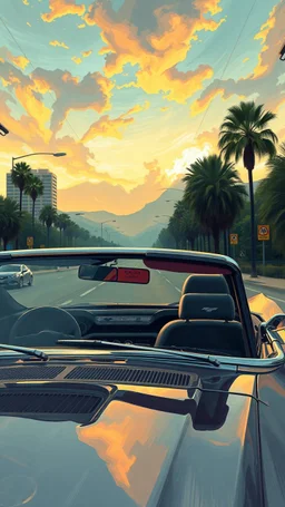 Bosch painting style nightmare in 3D , a man driving a Mustang Gt Convertible on LA free way background, high Quality picture , 8k