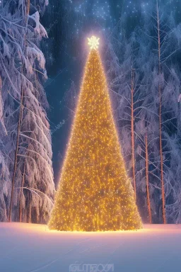 Huge lonely Christmas tree full of lights in a dark snowy forest, warm glow, multiple deer walking by, small cabin beside