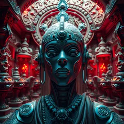 Techno Zen. Photorealistic. Hypnotic Perspective. Space Opera, Psychonaut, Enlightenment, samadhi. Tantric Psychedelic Tripping robot Monk, hallucinating an illusion. Sparkles scintillate through the air. Everythings is covered in an intricate etched fractal paisley pattern.alien temple with hindu like sculptures and motifs combined with high technology.