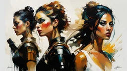 portrait of a woman warrior, hand fist :: Robert McGinnis + Jeremy Mann + Carn Griffiths + Leonid Afremov, clear contours, detailed